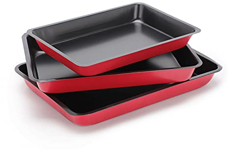 SASHTECH 3 Piece Small, Medium and Large Non-Stick Oven Baking Tray – Roasting – Baking - Pan Dish Roast Tin & Trays Set – Red Colour – Made from Carbon Steel – Set of 3