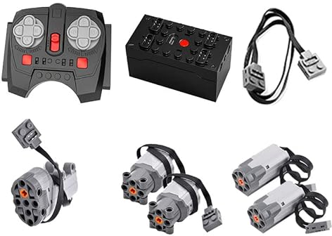 AKOGD Power Functions Set, 9 Teile Motoren Set mit Batteriebox Fernbedienung Set Motor Servomotor Verlängerungskabel Kreuz Pleuelstange Kompatibel mit vielen Modellen