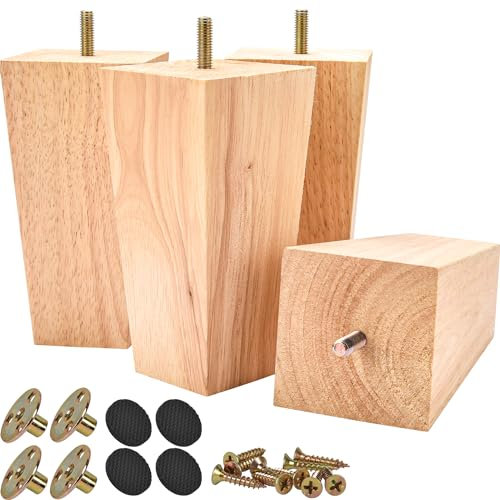 TCHOSUZ 4 inch / 10cm Wooden Furniture Legs, Pack of 4 Mid Century Modern Solid Wood Unfinished Pyramid Square DIY Replacement Feet with M8 Hanger Bolts & T-Nuts for Sofa Couch Armchair Bed