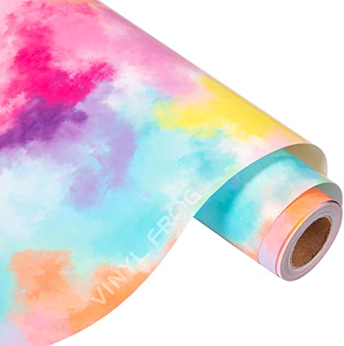 Vinyl Frog Batik-HTV-Wärmetransfer-Vinyl-Rolle, 25,4 cm x 3 m, blau-gelbes Aquarell-Wolkenmuster für selbstgemachte T-Shirts und Kleidungsstücke