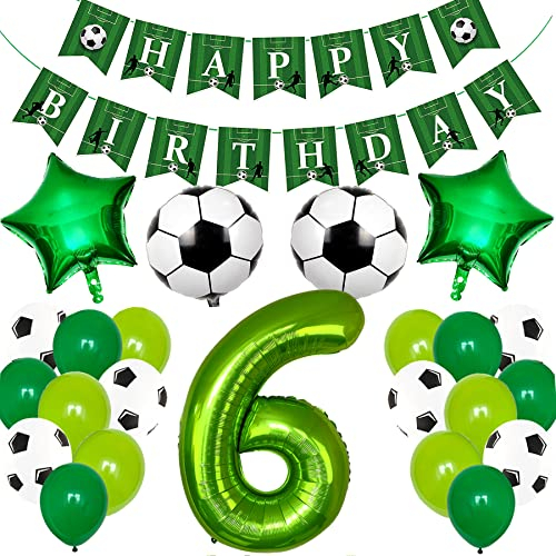 Ouceanwin Fußball 6. Geburtstag Deko Junge, Grün Luftballons Geburtstagsdeko 6 Jahre Jungen, Helium Ballon Fussball Deko mit Happy Birthday Girlande für 6 Jahr Kindergeburtstag Party Deko