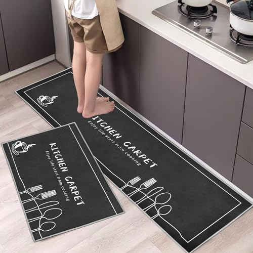 Hoimlm Lot de 2 Tapis de Cuisine antidérapants, Absorbe l'eau et l'huile, Résistant à la poussière Tapis de Cuisine,Tapis de Sol pour l'intérieur (Couteau et Fourchette - Gris, 40 x 60 + 40 x 120 cm)