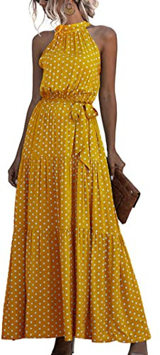 EFOFEI Damen Langes Sonnenkleid Mit Gürtel Partykleid Cocktailkleid Strandkleid Kleid Mit Fliege An Der Taille Strandurlaub Hochzeitskleid Punkt Gelb XXL