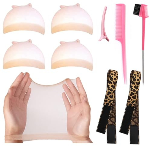 2 Stück Wig Band für Lace Melting, 4 Stück HD-Perückenhauben, Edge Wrap zum Glätten der Haaransätze, Atmungsaktive Hauben, Elastische Bänder in Leopardenmuster