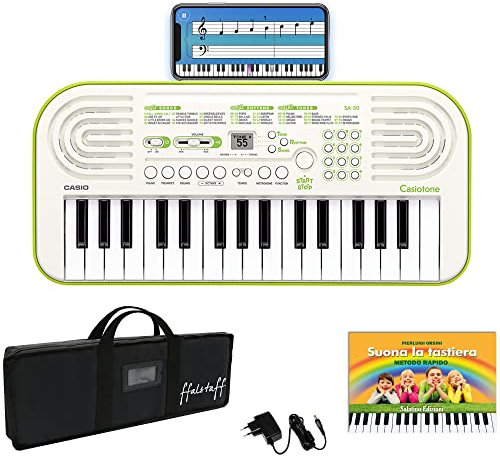 Kit Tastiera SA50 (Fondo Verde) con Alimentatore, Borsa ffalstaff ® con Tracolla e Maniglie per un Comodo Trasporto, App di Apprendimento e E-book Suona la Tastiera