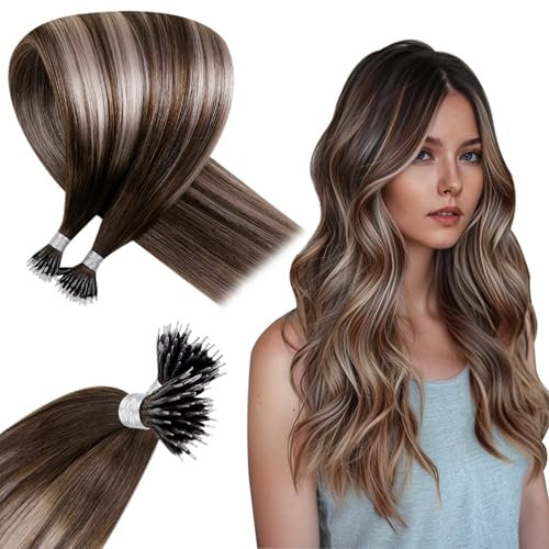 Hetto Ombre Echthaar Nanoring Extensions Braun Nano Echthaar Extensions Remy Glatt Nano Ring Extensions Dunkelbraun mit Aschblond bis Dunkelbraun 50g 35 cm