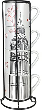 Set 4 Tazzine da Caffé Impilabili Moderne in Porcellana Gres con Supporto Collezione Città Tazza con Gift Box Tazza Lavastoviglie Microonde - Londra