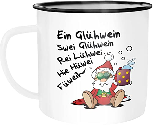 Moonworks® Emaille-Tasse Glühwein Spruch Weihnachten Weihnachtsmarkt Nikolaus Weihnachtsmann emaille-weiß-schwarz standard