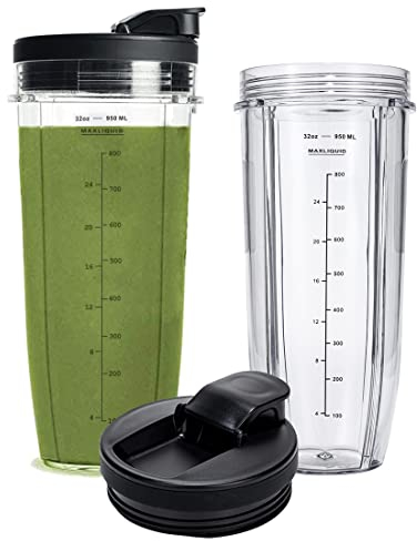 Lot de 2 gobelets de rechange de 946 ml compatibles avec le mixeur Ninja Nutri BN401, SS101, BN400, BN800, BN801, avec couvercles à siroter et à sceller améliorés - Pratique pour boire directement