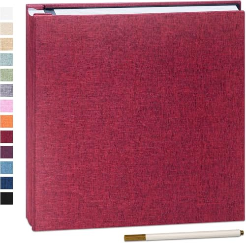 Yopih Photo Album Self Adhesive Book 60 Pages 28x27cm Red | Linen Cover, Scrapbook Album, 4X6 8X10 Photos, Metallic Pen, Save Baby Growth Wedding Travel