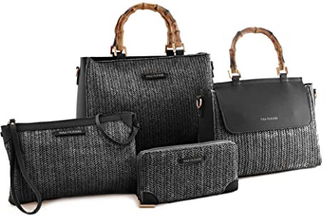 NAJ-OLEARI 4-teiliges Set für Damen, 1 x Topcase, 1 x Tasche, 1 x Umschlag, 1 x Geldbörse aus Kunstleder mit Applikation (schwarz), Schwarz