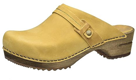 Sanita Ursana offener Clogs | Original handgemacht | Leder-Holzclogs für Damen | Nachhaltige Sohle | Senf gelb | 41 EU