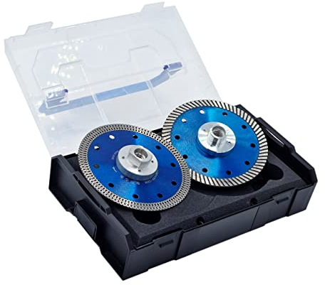 BERGMANN ® 2 x M14 ∅125 mm Diamanttrennscheibe Set in L-Boxx mit M14-Flansch | randnahes bündiges Schleifen für Winkelschleifer | Diamantscheibe Trennscheibe für Fliesen Granit Feinsteinzeug Keramik