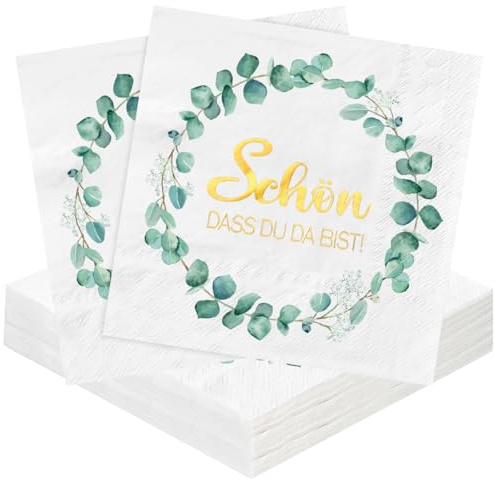 Schön das du da bist Servietten, 40 Stück 3-Lagige Servietten Party, Servietten Salbeigrün als Tischdeko für Kommunion, Geburtstage, Hochzeit, Taufe, Babyparty, Papierservietten Vintage 33x33cm