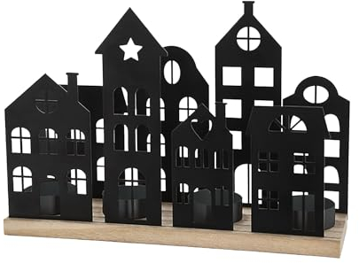 Metall Teelichthalter Häuserzeile schwarz - 25 x 18 cm - Weihnachtsdorf Silhouette mit Haltern für 4 Teelichter - Weihnachten Tisch Deko Kerzenhalter für Teelichter Weihnachtsstadt Skyline