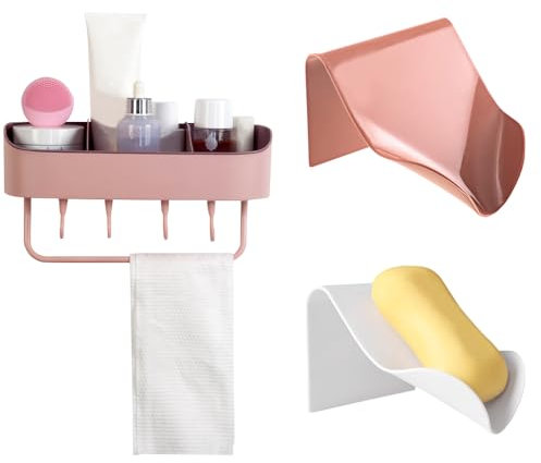 SITAKEGS Dusche Caddy Seifenhalter Set, Selbstklebende Badezimmer Lagerung Regal Keine Bohrung Dusche Veranstalter Regale, Wand montiert Seife Fall Handtuch Toilettenartikel Veranstalter Rack (pink)