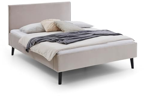 Furn.Design Polsterbett 180 x 200 cm in beige Samt Doppelbett mit Füße aus Massivholz schwarz lackiert Ehebett Telso (180 cm)