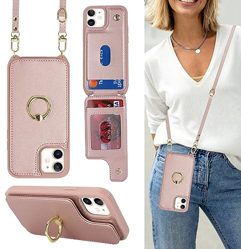 Cavor Phone Case compatible with iPhone 12 Mini With Card Holder With Lanyard Strap,Flip Leather Wallet Case,Ring Kickstand Shockproof Cover Case compatible with iPhone 12 Mini - Rose gold