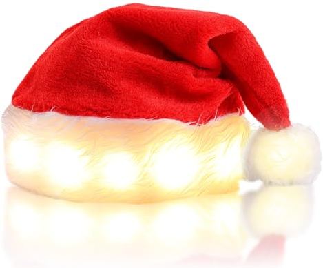 SPORWAY Weihnachtsmütze Nikolausmütze mit LED Lichter, Kinder Weihnachtsmütze Santa Mütze, Nikolaus Mütze LED Plüsch Weihnachten Mützen für Weihnachten Partys Neujahr Festliche (Rot/Warmweiße Licht)