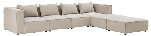 Juskys modulares Sofa Domas XXL - Couch für Wohnzimmer - 2 Ottomanen, Armlehnen & Kissen - Ecksofa Eckcouch Ecke - Wohnlandschaft Stoff Beige