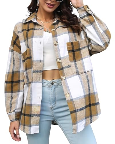 DayaEmmoTQ Blouses à carreaux pour femmes décontractées - Oversize Revers Manteau en laine Veste de chemise Mode Manches longues Manteau d'hiver Automne Hiver Chaud Chemisier, kaki, XL