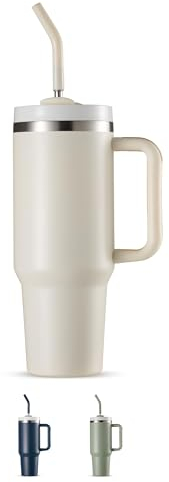 KooK Bicchiere con cannuccia e manico, in acciaio inox, isolamento sottovuoto, da viaggio, riutilizzabile, a doppia parete, mantiene caldo o freddo (bianco antico)