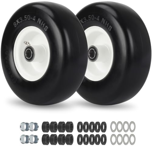 GICOOL 9x3.50-4 Zero Turn Mower Flat Free Tire and Wheel Assembly (2-Pack), Smooth Tread Front Tires for ZTR Mowers, Adjustable Centered Hub Length 3.5-4-4.5-5, 3/4 & 5/8 Bearing Bore