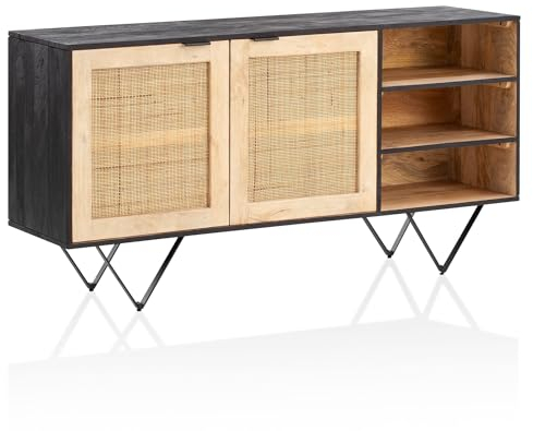 Wohnling Sideboard 145x75x40 cm Mango Massivholz/Rattan Kommode mit 2 Türen, Hoher Kommodenschrank Schwarz/Braun, Standschrank Wohnzimmer mit Regal, Anrichte Rohrgeflecht