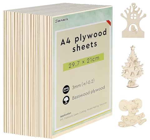 SWAWIS 25 Pièces Contreplaqué 3mm A4, 300 * 210mm Plaque de Bois, Contreplaqué Tilleul Marine, Panneaux Bois pour DIY Fretwork Laser Découpe Modélisme Déco