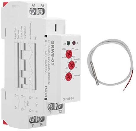BuyWeek Relais de Contrôleur de Température, AC/DC 24 V-240 V Relais de Thermostat LED Indiquer Surveillance de Température Haute/Basse avec Sonde, Installation de Rail 35mm