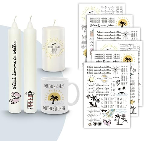 MilaBoo® Kerzentattoos 6x A5 I DIY Aufkleber für besondere Anlässe einfache Anwendung I Wasserschiebefolie für Kerzen I Premium Kerzenaufkleber (Küstenliebe-A5)