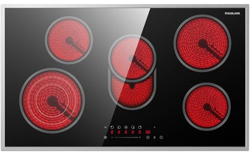 GASLAND CH905BF34B Placa vitrocerámica independiente, 90 cm, placa eléctrica empotrable con marco de acero inoxidable, 5 zonas de cocción, placa de cerámica con zona triple, zona para asador, 8500 W