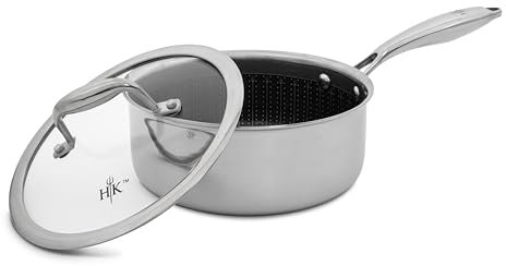 Hell’s Kitchen Hybrid 2.5 Qt Saucepan + Lid, Tri-Clad Stainless Steel and Nonstick Ceramic, PFAS Free, no PFOA, no PTFE, no Teflon, Non Toxic Cookware, Metal Utensil Safe, All Cooktops and Oven Safe