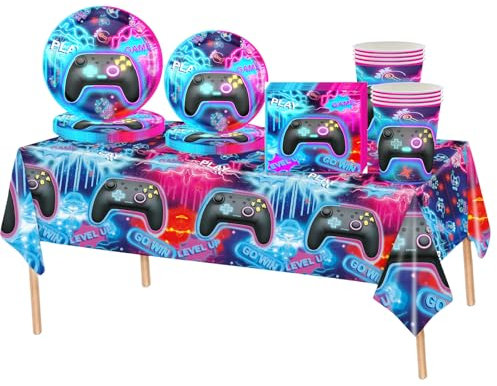69Pcs Video Game Party Tableware for Boy Gaming Birthday Decorations,Gaming Player Party Plastic Table Cloth,Paper Plates,Napkins and Cups for Kids Boys Girls Game Controller Birthday Party Supplies