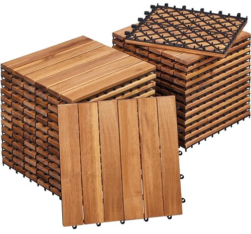 Yaheetech 27pcs Baldosas de Madera de Acacia 30x30cm,2,6m² Suelo Terraza Exterior Azulejos de Entrelazados para Jardín o Balcón Instalación Sencilla