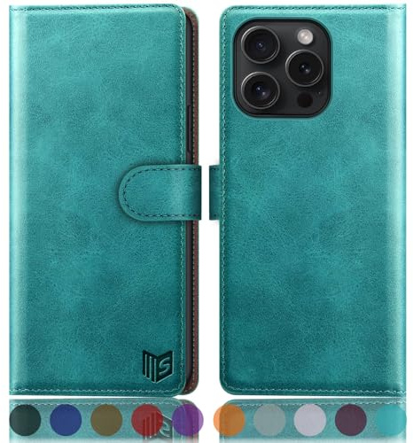 SUANPOT [RFID Schutz für iPhone 16 Pro 6.3 Hülle PU Leder Handyhülle Lederhülle Klapphülle Kartenfach Flip Cover für Apple 16 Pro Handy hülle Leather Wallet Phone Case Blau Grün