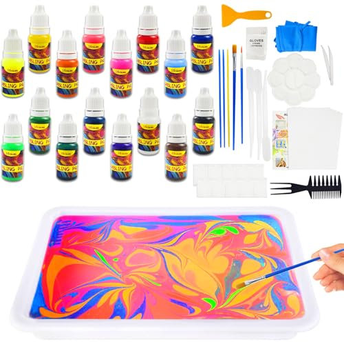 Kinyoda Peinture marbrée à l'eau pour enfants, 16 Couleurs Kit Peinture Enfant Jouet,Kit de bricolage,Creative Art Set de à la Main Peintures,Art de Peinture Cadeaux Idéaux Enfants Jouet 6+ Ans