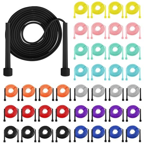 Aodaer 50 Pack PVC Skipping Rope Adjustable Jump Rope for Kids Multicolor Jump Rope Bulk with Plastic Handles Lightweight for Outdoor Fitness Exercise and Weight Loss, Training and Racing