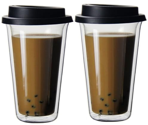 Jorzer 2PCS Glass Coffee Mugs Insulated Coffee Mug with Lid, 12oz Double Walled Glass Coffee Tumbler, Reusable Clear Coffee Cups, Dishwasher Safe Glass Travel Mug