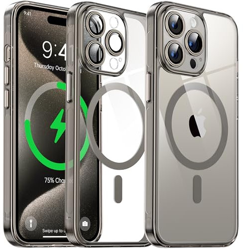 Flyzoo Clear Magnetic Case for iPhone 15 Pro Max (6.7'') Compatible with MagSafe & Camera Protector, [Non-Yellowing] [Shockproof & Antiscratch Protection] Hard Transparent Cover with Silicone, Grey