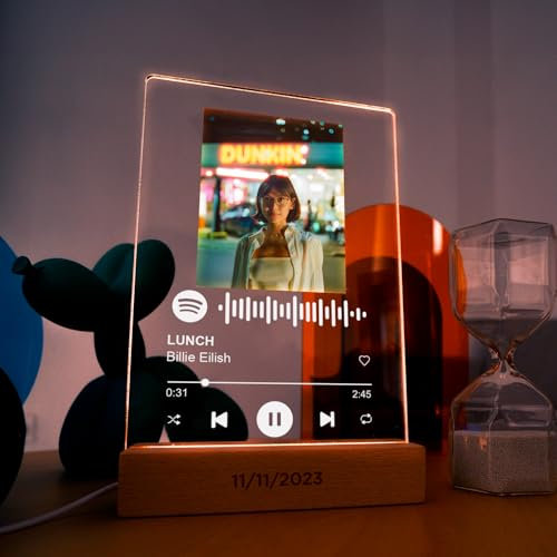 REGALOCREATIVO Placa Spotify Personalizada con Luz Negro (21x30 cm). Lampara con Foto que incluye Placa de Metacrilato y Base de Madera. Regalos personalizados originales para regalar