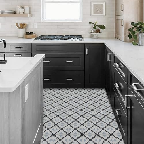 Alwayspon 20pcs 20cmx20cm Black, White and Blue Waterproof Vinyl Flooring Self Adhesive Peel and Stick Vinyl Floor Tiles for Kitchen, Living Room, Bathroom