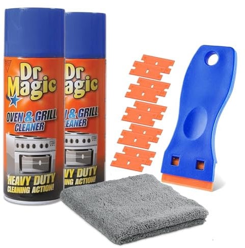 Heavy Duty Oven Cleaner Kit with Razor Blade Scraper, 10 Extra Blades, Microfiber Cloth 2 Pack for Oven, Grill, BBQ, Air Fryer, Microwave, Cast Iron & Glass Hob - DR Magic