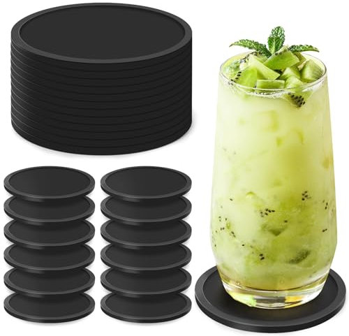 Gotanc Silikon Untersetzer Gläser rund, 12er Silikon Glasuntersetzer rutschfest und Isoliert Glas Untersetzer Set, Untersetzer Schwarz, für alle Arten von Tassen