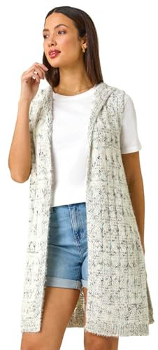 Roman Diamond Hooded Knit Gilet for Women UK - Ladies Autumn Everyday Winter Holiday Sleeveless Soft Warm Feel Comfy Fluffy Sweater Office Desk Cardigans - Light Grey - Size 20