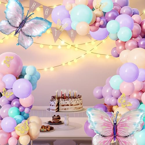 148pcs Arche Ballon Papillon Violet Rose Ballon Avec Papillon pour Déco Fête Anniversaire Enfant Filles Décoration Baptême Champêtre Baby Shower Mariage de Feste