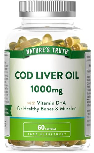 Cod Liver Oil Capsules High Strength | 1000mg | 60 Softgels with Omega 3, Vitamin D and A | Providing DHA & EPA | Nature's Truth