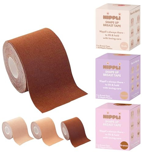 Nippli Shape Up Breast Tape (Bronze) – NippelCover 7,5cm x 5m, inkl. 10 Nipplepads – Brust Tape – für den perfekten Halt ohne BH – Feuchtigkeitsbeständig & extra Breit