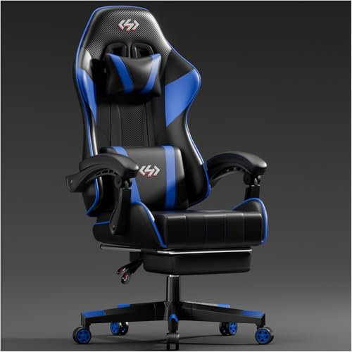 HLFURNIEU Silla Gaming Ergonómica, Silla Gamer con Reposapiés y Soporte Lumbar, Silla Ordenador con Spring Cushion, Sillon Gamer Altura Regulable, Respaldo Ajustable, Cadeira Gaming Negro y Azul