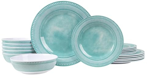 AELS Juego de vajilla de melamina de 18 piezas, juego de platos para uso en interiores y exteriores, juego de platos y tazones de melamina para 6, apto para lavavajillas, ligero, irrompible, libre de